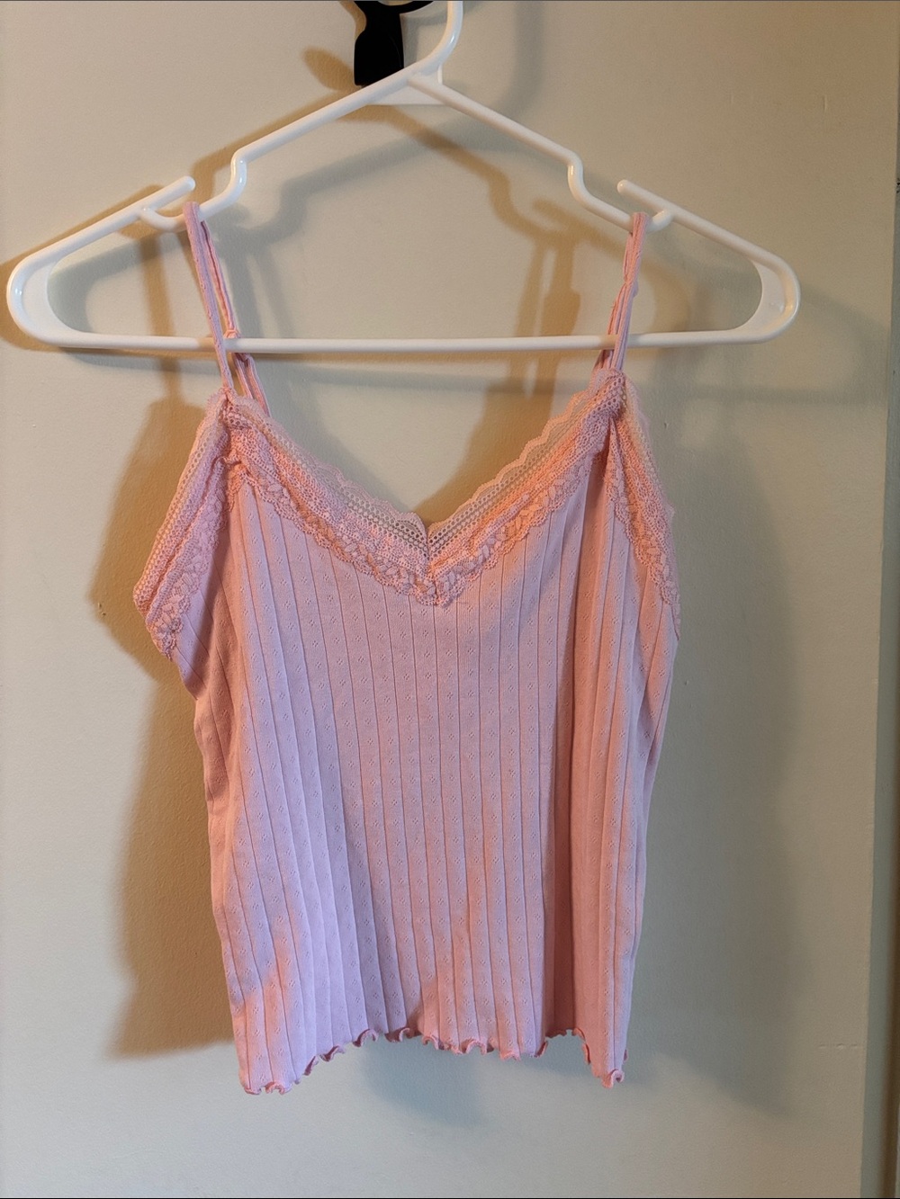 Lace-Trim Pink Ribbed Camisole